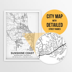 Sunshine Coast Queensland Australia Printable Map with Street Names - Instant Download, City Map, Travel Gift, City Poster, Map Print
