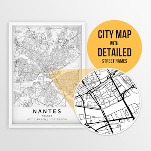 Druckbare Karte von Nantes, Frankreich mit Straßennamen - direkter Download ~ Karte ~ Strassenkarte ~ Poster ~ Strassenkarte