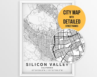 Silicon Valley California Map with Street Names, Printable Silicon Valley Poster (Instant Download)