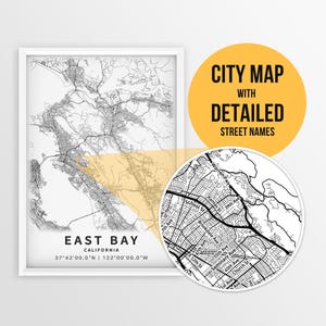 Mappa stampabile di East Bay, California, Stati Uniti con i nomi delle strade - Download istantaneo \ Mappa della città \ Regalo di viaggio \ Poster della città \ Baia di San Francisco