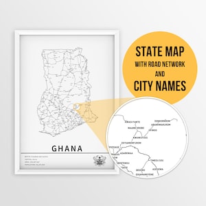 Carte imprimable du Ghana avec les noms des villes et des routes - téléchargement immédiat \ carte du pays \ impression de carte \ carte à épingles \ planificateur de voyage \ art mural