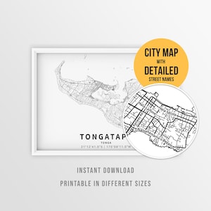 May include: A black and white map print of Tongatapu, Tonga, featuring street layouts and coordinates. A circular inset shows a magnified view of street names like Hala Laifone and Hala Salote. Text includes CITY MAP WITH DETAILED STREET NAMES.