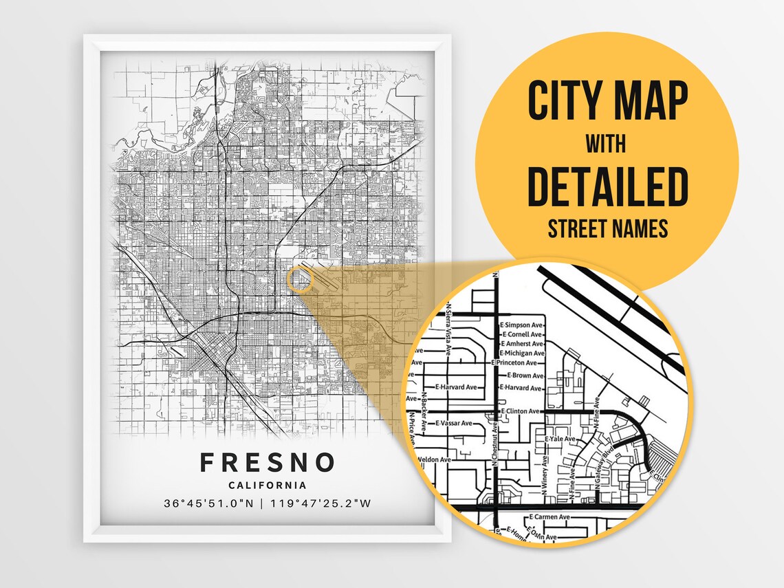 Printable Map of Fresno California United States With Street - Etsy