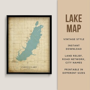 Vintage Stil Karte von Carlyle Lakes, Illinois, USA mit Städtenamen - zum sofortigen Download ~ Karte von Carlyle Lakes ~ Wandkunst ~ Printable Poster ~ Haus am See