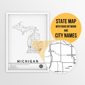 Carte imprimable du Michigan, aux États-Unis, avec les noms des villes et des routes - téléchargement immédiat \ State Map \ Map Art \ Push Pin Map \ Travel Planner