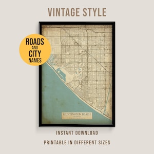 Huntington Beach, California Vintage Style Map, Printable California Surf City Poster (Instant Download)