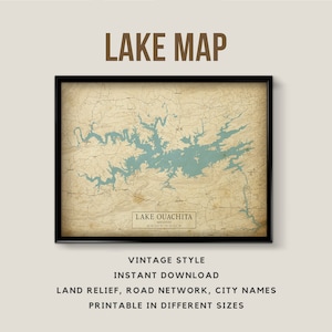 Mapa de estilo vintage imprimible del lago Ouachita, Arkansas, EE. UU. con nombres de ciudades - Descarga instantánea \ Mapa del lago \ Arte de la pared \ Mapa rústico \ Póster