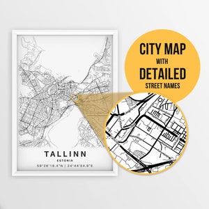 Druckbare Karte von Tallinn, Estland mit Straßennamen - Sofort Download \ City Map \ Travel Gift \ City Poster \ Road Map Print \ Street Map