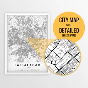 Printable Map of Faisalabad, Pakistan with Street Names - Instant Download \ City Map \ Travel Gift \ City Poster \ Map Print \ Wall Art
