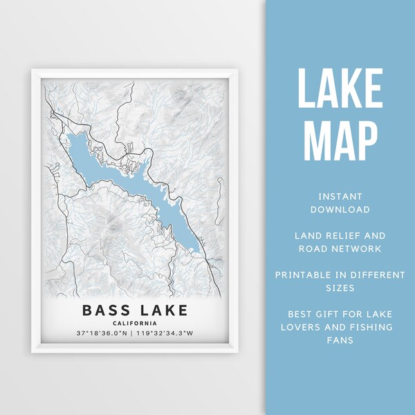 Printable Map of Bass Lake, Madera County, California - Instant Download \ Lake Map \ Fishing Poster \ Lake House Decor \ LakeLife \ Boating