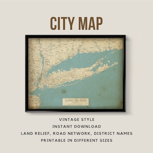Mappa in stile vintage di Long Island, New York - Download istantaneo \ Mappa stradale \ Arte della parete \ Poster della mappa \ Antico \ Stampa mappa \ Regalo di Long Island
