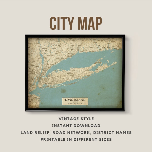Vintage Style Map of Long Island, New York - Instant Download \ Street Map \ Wall Art \ Map Poster \ Antique \ Map Print \ Long Island Gift