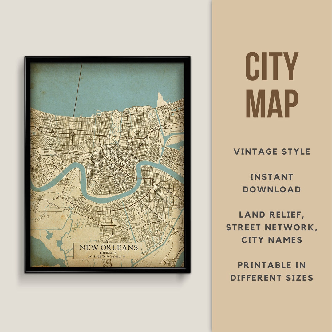 Printable Vintage Style Map of New Orleans, Louisiana - Instant ...
