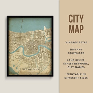 Mapa de estilo vintage imprimible de Nueva Orleans, Luisiana - Descarga instantánea \ Mapa callejero \ Póster de mapa \ Antiguo \ Impresión de mapa \ Mapa rústico