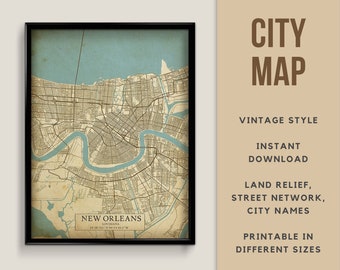 Printable Vintage Style Map of New Orleans, Louisiana - Instant Download \ Street Map \ Map Poster \ Antique \ Map Print \ Rustic map