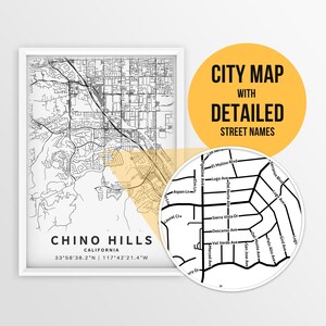 Druckbare Karte von Chino Hills, Kalifornien, USA mit Straßennamen - Sofortiger Download ~ Karte ~ ~ Stadt Karte ~ Strassen Karte Print