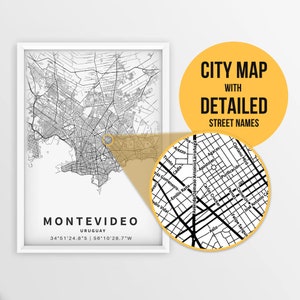 Printable Map of Montevideo, Uruguay with Street Names - Instant Download \ City Map \ Travel Gift \ City Poster \ Road Map Print \ Wall Art