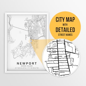 Mapa para impressão de Newport, Rhode Island, EUA com nomes de ruas - Download instantâneo \ Mapa da cidade \ Presente de viagem \ Cartaz da cidade \ Impressão de mapa de estradas
