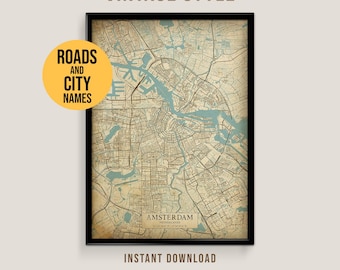 Amsterdam, Netherlands Vintage Style Map, Printable Amsterdam City Poster (Instant Download)
