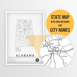 Druckbare Karte von Alabama, USA mit Städtenamen - Sofortiger Download \ State Road Map \ Alabama Gift \ Travel Planner \ Pin Karte \ Map Print