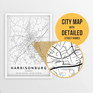 Printable Map of Harrisonburg, Virginia, USA with Street Names - Instant Download \ City Map \ Travel Gift \ City Poster \ Road Map Print