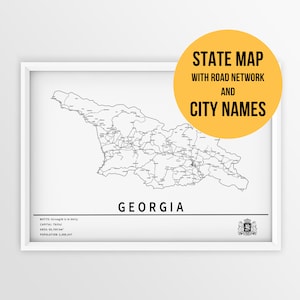 Afdrukbare kaart van Georgië met stadsnamen en wegen - Instant Download \ Landkaart \ Kaart afdrukken \ Push Pin Map \ Reisplanner \ Wall Art