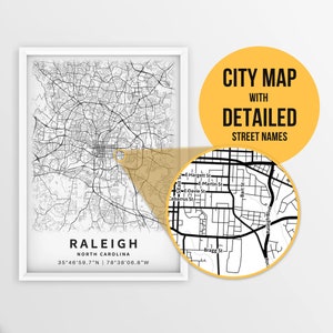 Raleger, North Carolina, USA mit Strassennamen zum ausdrucken