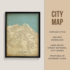 Vintage Stil Karte Edinburgh, Scotland,Vereinigtes Königreich Karte - Sofort Download Karte Poster Karte Drucken