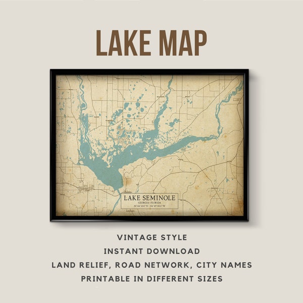 Vintage Style Map of Lake Seminole, Georgia - Florida, USA - Instant Download \ Lake Map \ Wall Art \ Map print \ Printable Poster