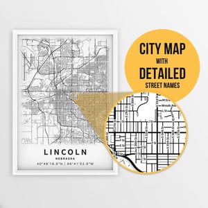 Druckbare Karte von Lincoln, Nebraska, USA mit Straßennamen - Sofort Download \ City Map \ Travel Gift \ City Poster \ Road Map Print