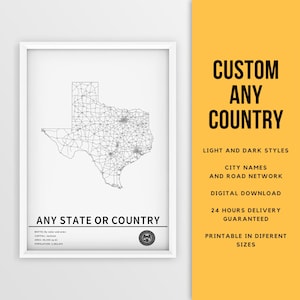 Personalisierte Landkarte von jedem Land oder Bundesstaat mit Stadtname und Straßennetz - Digitaler Download ""Landkarte"" ""Landkarte "" Art Poster."