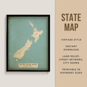 Afdrukbare poster vintage stijl Nieuw-Zeeland - direct downloaden, wegenkaart, wegenkaart Nieuw-Zeeland, antieke stijl, stadsplattegrond Nieuw-Zeeland
