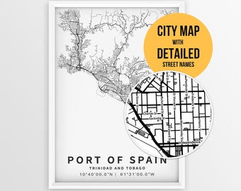 Mapa de Puerto España, Trinidad y Tobago, con nombres de calles, póster imprimible de la ciudad de Puerto España (descarga instantánea).