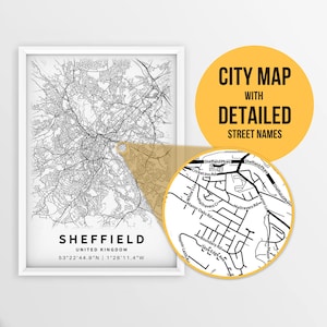 Druckbare Karte von Sheffield, Yorkshire, Großbritannien mit Straßennamen - Sofort Download \ City Map \ Travel Gift \ City Poster \ Road Map