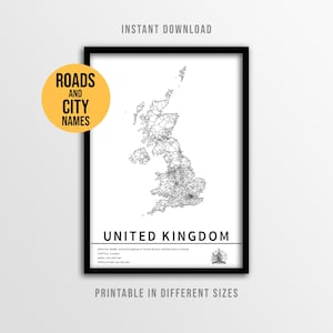 United Kingdom Map Poster, Printable UK Road Map with City names (Instant Download)
