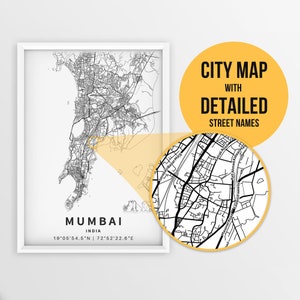 Mapa imprimible de Mumbai, Maharashtra, India con nombres de calles - Descarga instantánea \ Mapa de la ciudad \ Regalo de viaje \ Cartel de la ciudad \ Impresión de hoja de ruta