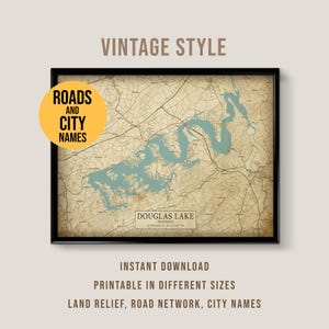 Carte de style vintage de Douglas Lake, affiche imprimable Tennessee Lake House (téléchargement instantané)