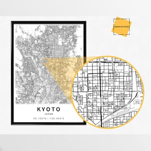 Mapa imprimible de Kioto, Japón con nombres de calles - Descarga instantánea \ Mapa de la ciudad \ Regalo de viaje \ Cartel de la ciudad \ Impresión de mapa de carreteras \ Mapa de calles