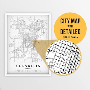Mapa para impressão de Corvallis, Oregon, EUA com nomes de ruas - Download instantâneo \ Mapa da cidade \ Presente de viagem \ Cartaz da cidade \ Impressão de mapa de estradas \ Arte do mapa