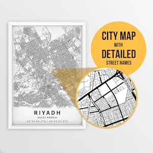 Mapa para impressão de Riade, Arábia Saudita com nomes de ruas - Download instantâneo \ Mapa da cidade \ Presente de viagem \ Cartaz da cidade \ Impressão de mapa de estradas \ Arte do mapa
