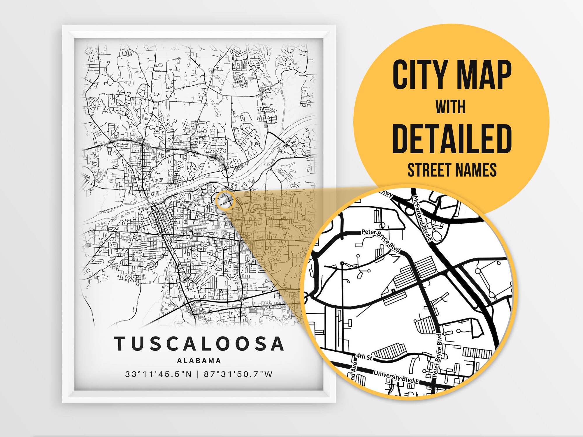 Printable Map of Tuscaloosa Alabama AL United States With | Etsy