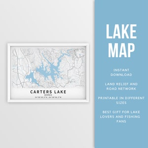 Mapa imprimible de Carters Lake, Georgia, EE. UU. - Descarga instantánea \ Mapa del lago \ Cartel del mapa \ Decoración de la casa del lago \ LakeLife \ Pesca \ Paseos en bote