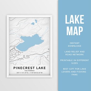 Mapa imprimible del lago Pinecrest, California, EE. UU. - Descarga instantánea \ Mapa del lago \ Póster de mapa \ Decoración de casas junto al lago \ Vida en el lago \ Pesca \ Navegación