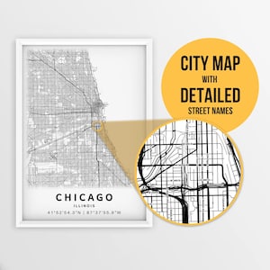 Carte imprimable de Chicago, Illinois, États-Unis avec les noms de rue - téléchargement immédiat \ plan de la ville \ cadeau de voyage \ affiche de la ville \ impression de carte routière