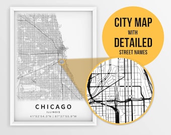Carte imprimable de Chicago, Illinois, États-Unis avec les noms de rue - téléchargement immédiat \ plan de la ville \ cadeau de voyage \ affiche de la ville \ impression de carte routière