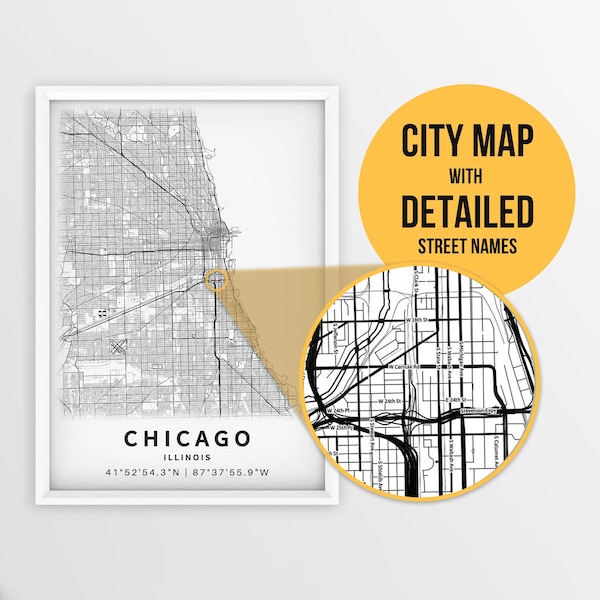 Printable Map of Chicago, Illinois, USA with Street Names - Instant Download \ City Map \ Travel Gift \ City Poster \ Road Map Print