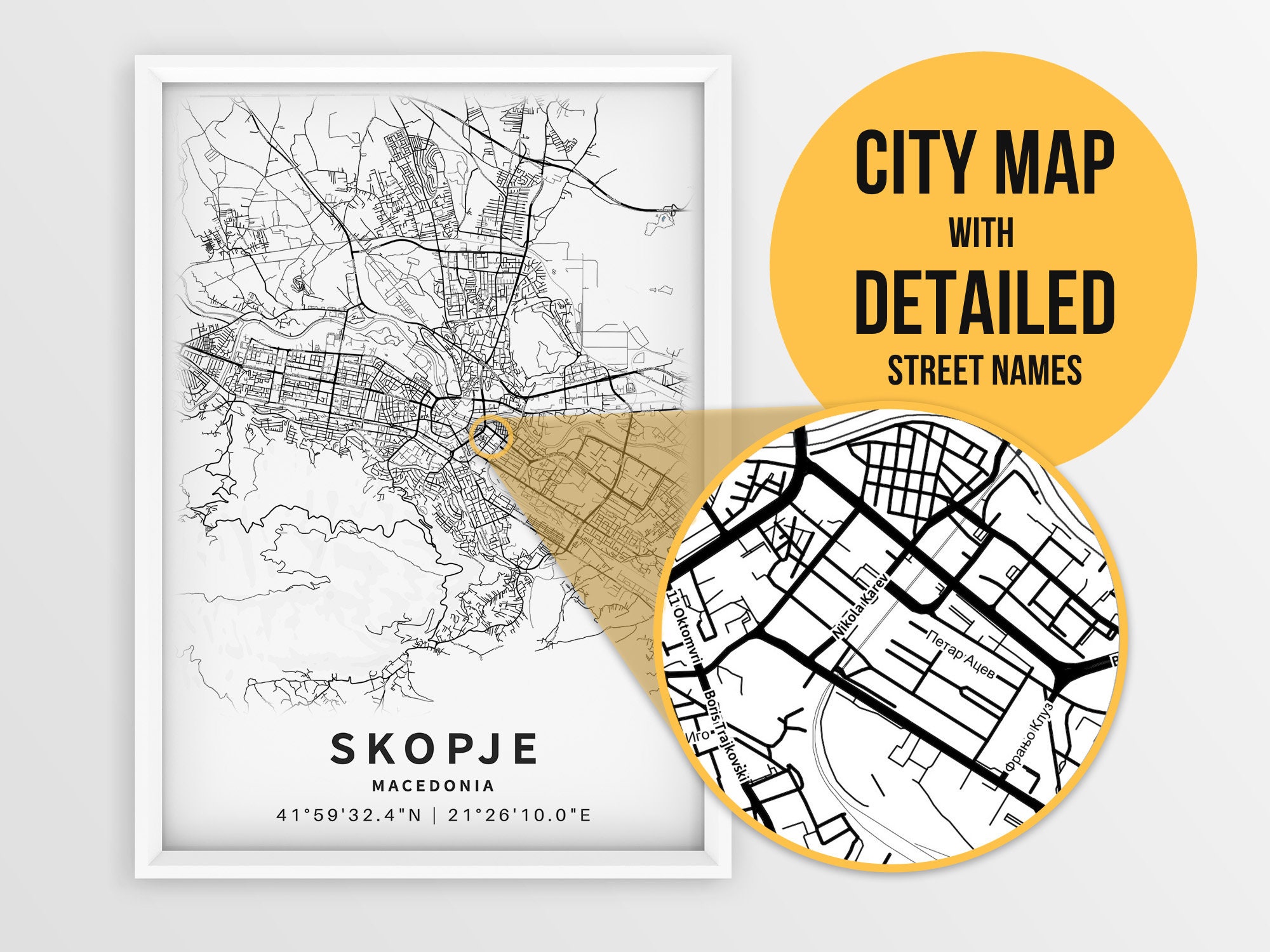 Map Of Skopje With Street Names Printable Map Of Skopje Скопје Shkup North Macedonia With | Etsy India