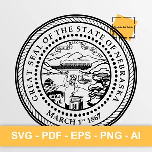 Sceau de l'État du Nebraska, Nebraska Vector Clipart - SVG \ PNG \ PDF \ Téléchargement instantané \ Découpe \ Signe de l'État \ Licence commerciale
