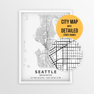 Seattle Washington Map with Street Names, Printable Seattle City Poster (Instant Download)