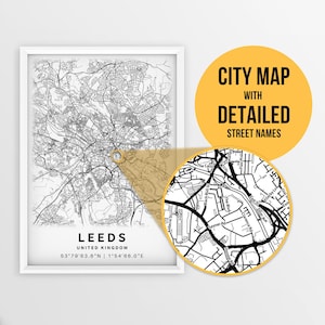 Druckbare Karte von Leeds, England, Vereinigtes Königreich mit Straßennamen - Sofort Download \ City Map \ Travel Gift \ City Poster \ Road Map Print